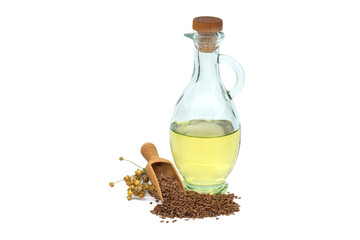 Linseed and linseed oil in glass decanter on white