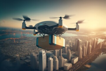 top view delivery drone ,new you york city in the background, Cinematic landscape,Generative AI
