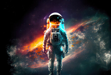 Fototapeta na wymiar Portrait of astronaut with colorful galaxy in the space. Science and technology concept. Blue earth theme. Generative AI