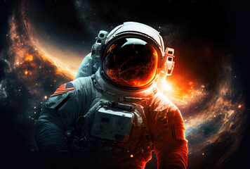 Fototapeta na wymiar Portrait of astronaut with colorful galaxy in the space. Science and technology concept. Blue earth theme. Generative AI