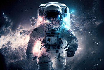 Portrait of astronaut with colorful galaxy in the space. Science and technology concept. Blue earth theme. Generative AI