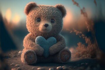 Cute fluffy teddy bear toy hold valentine heart, Valentine's and love concept,Generative AI 