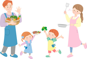 Obraz na płótnie Canvas 沢山の野菜で料理をする親子のベクターイラスト素材