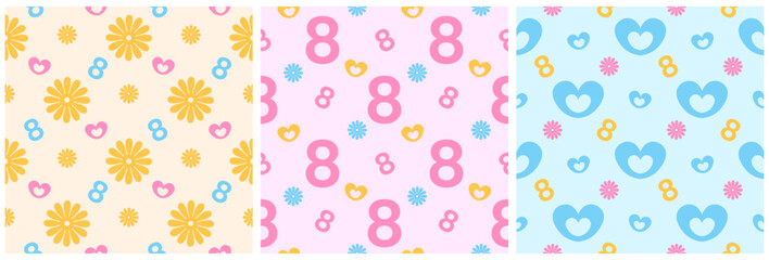 Set of Women Day Seamless Pattern Design with Girl Ornament in Template Hand Drawn Cartoon Flat Illustration