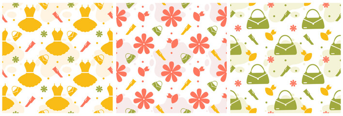 Set of Women Day Seamless Pattern Design with Girl Ornament in Template Hand Drawn Cartoon Flat Illustration