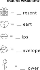 Worksheet for kids. Write the missing letter. Valentine day worksheet.
