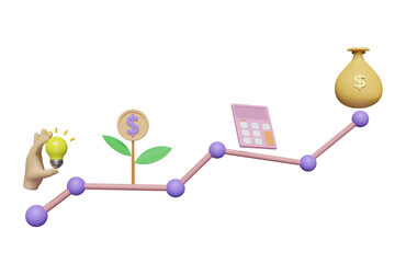 3d business analysis strategy concept isolated. calculator, charts graph, money bag, hands holding light bulb, tree icon for bank, finance, investment, 3d render illustration