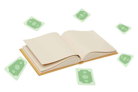 3d money banknote with open book isolated. education, knowledge creates ideas, education income concept,  3d render illustration
