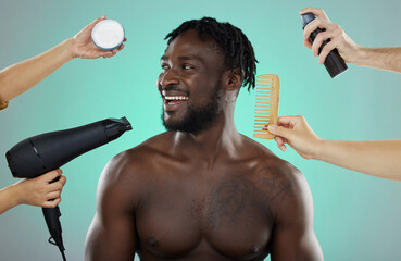 Hair, makeover and man in studio salon with smile, hairdryer and comb on green background. Beauty,...