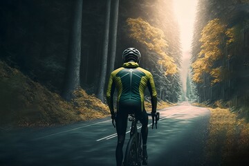 back view Fitness, sports Cyclist Riding man  in the road,forest landscape in the background ,Generative AI

