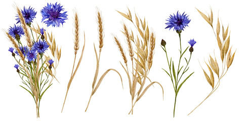 Watercolor wild flowers blue cornflowers and wheat sprouts spikelets.Composition of wild flowers on a white background. High quality illustration © DariaBer