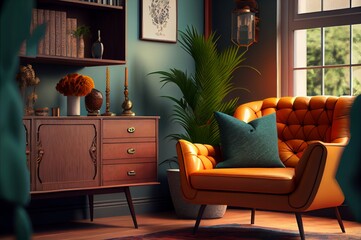 retro style living room made with generative ai with vintage furniture, decor, interior