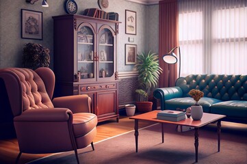 retro-style living room made with generative ai with vintage furniture and decor