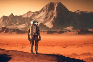 Shot of Astronaut Confidently Walking on Mars. Red Planet , Humans Overcoming Difficulties. Big Moment for the Human Race. ,Generative ai
