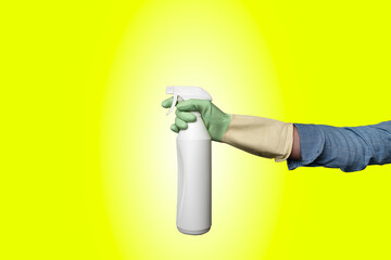 Hand holding spray bottle with gloves for insect extermination or windows cleaning.