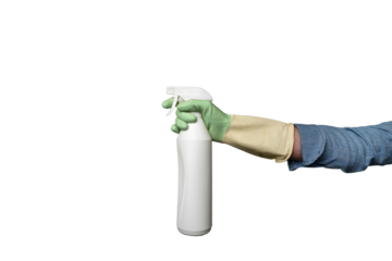 Hand holding spray bottle with gloves for insect extermination or windows cleaning.