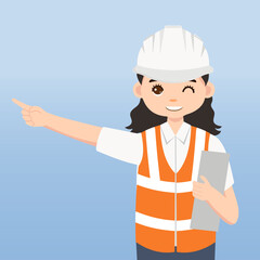 Architect, technician and builders and engineers and mechanics and Construction Worker,Vector illustration cartoon character. Woman Engineer with white safety helmet and vest in construction site.