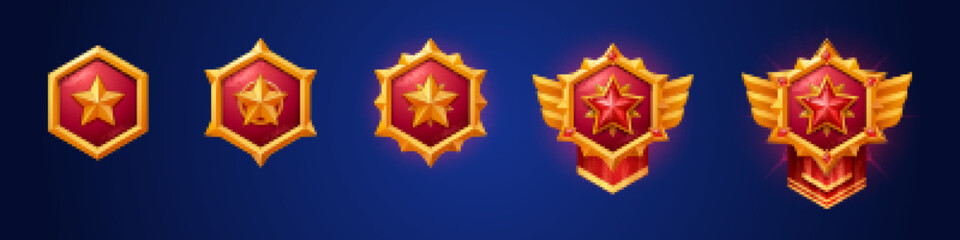 Cartoon set of gold game badges of different rank isolated on dark blue background. Vector illustration of red hexagon medals with star, golden metal textures. Collection of level awards - obrazy, fototapety, plakaty