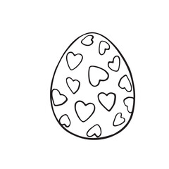 Vector black outline easter egg with hearts. Holiday illustration in hand drawn doodle style for gift card certificate banner sticker, stamp, logo, icon label, coloring book page