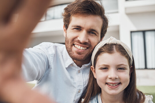 Relax, father and child love taking a selfie as a happy family in summer holidays in a house or backyard. Smile, memory or young girl smiles in a picture with a single parent or dad while bonding