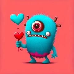 A Cute Adorable Valentine's Day Monster Holding a Heart. Friendship and Love Concept. Generative AI