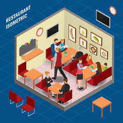 Diner restaurant isometric flat vector concept. People are communicating and eating at restaurant.