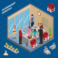 Isometric interior of grocery store. Shopping mall flat 3d isometric concept web vector illustration.