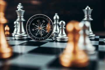 compass and chess piece on chess board game for ideas, challenge, leadership, strategy, business, success or abstract © Charnchai saeheng