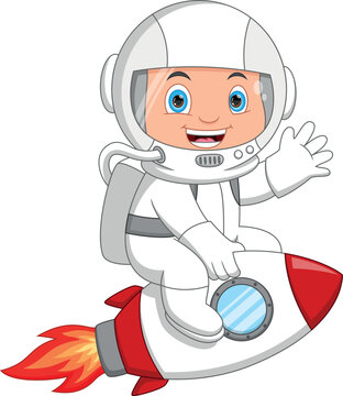 cartoon young astronaut riding a rocket