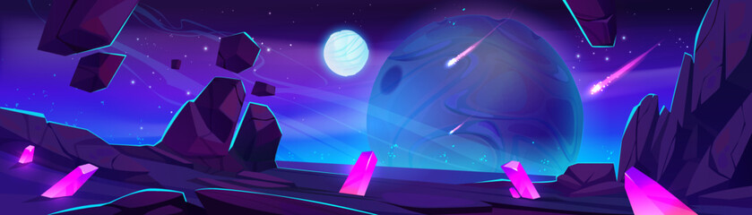Fantasy landscape of alien planet surface and outer space with meteors. Rock ground with crystals and dark sky with moon, stars and asteroids at night, vector cartoon illustration © klyaksun