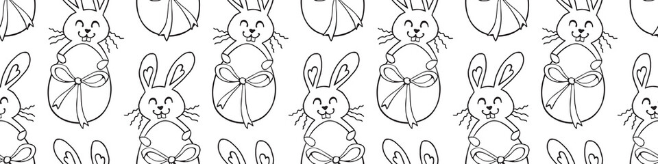 Vector seamless pattern with cute funny contoured easter bunnies with egg. Spring holiday backgrounds and textures in doodle style