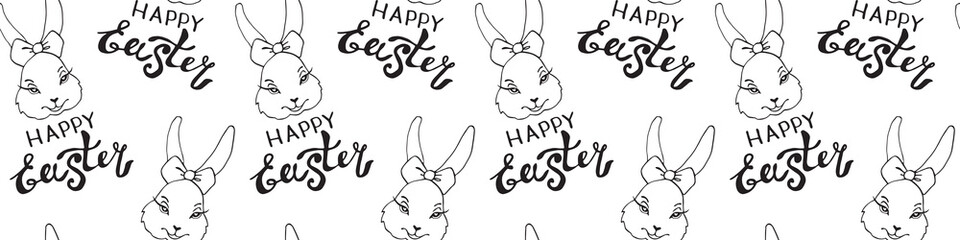 Obraz premium Happy Easter-Vector seamless pattern with inscriptions and simple contour drawings of face of cute rabbit girl in doodle style. Holiday backgrounds and textures