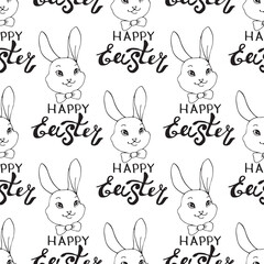Happy Easter-Vector seamless pattern with inscriptions and simple contour drawings of faces of cute rabbits in doodle style. Holiday backgrounds and textures