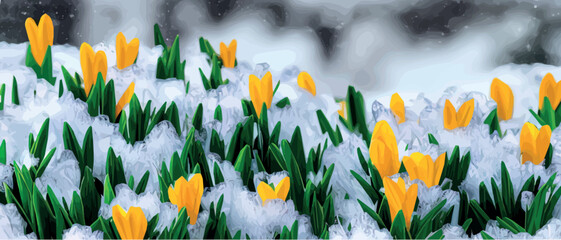 Snowfall flower. Spring wild flower. Beautiful grass of nature. Sketch of snow light flower branch. Flowering plant. Snowy floral art. Vector illustration banner