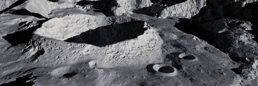 Moon surface, landscape with crater, background banner format
