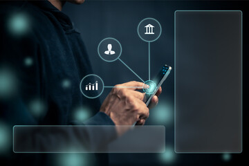 man using mobile smart phone. Business global internet connection application technology and digital marketing, Financial and banking, Digital link tech, big data.