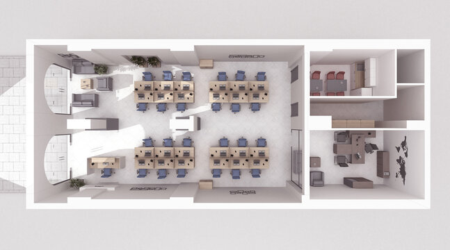 Office interior top view color grid 3D rendering