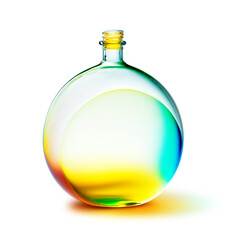 Empty round glass bottle. Bright multi-colored transparent container for the goods, logo and label. Presentation template for product