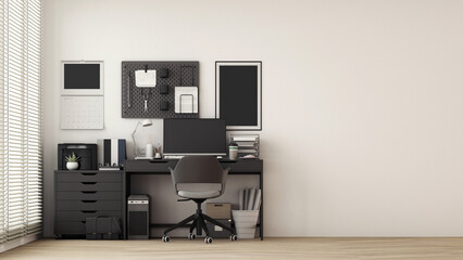 Modern workplace with comfortable modern working table and computer with working chair and large window. on wall white and wooden floor. 3D rendering