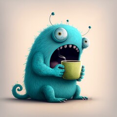 Cute Adorable Scared Monster Holding a Delicious Cup of Favorite Beverage, such as Tea, Coffee, Cocoa or Cappuccino. Generative AI 