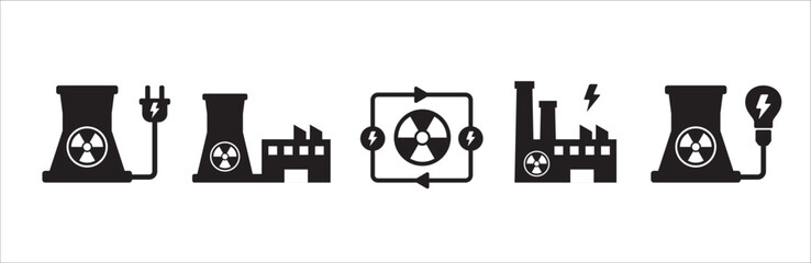 Nuclear power electricity icon set. Power related icons. Green energy vector icons set. Renewable nuclear reactor power generator symbol. Clean energy source illustration.