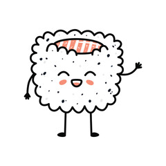 Kawaii sushi mascot in cartoon style. Cute uramaki with salmon for menu.