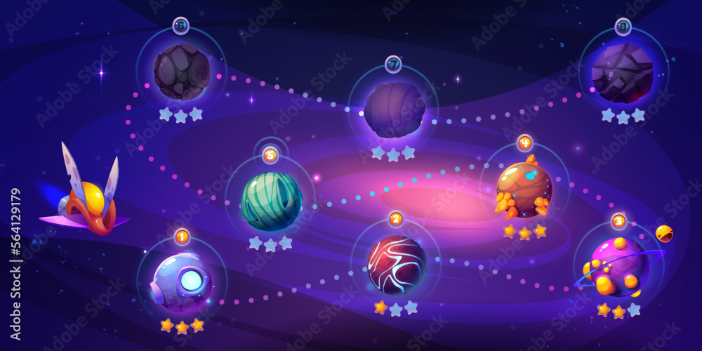 Wall mural space game level map with alien planets. vector cartoon illustration of gaming route with enumerated