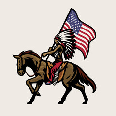 American Indian Chief Riding Horse and Hold the American Flag
