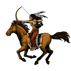 Hand drawn Indian Warrior Archer riding the horse