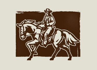 Old Press Style Illustration of Cowboy Sheriff Riding the Horse