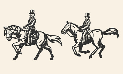 Old Press Style vector set of gentlemen riding horse