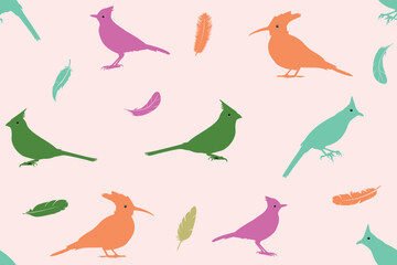 Seamless vector pattern of birds. Background with birds and feathers Beautiful soft modern background