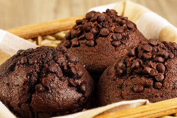 Close up of delicious chocolate muffins or cupcakes