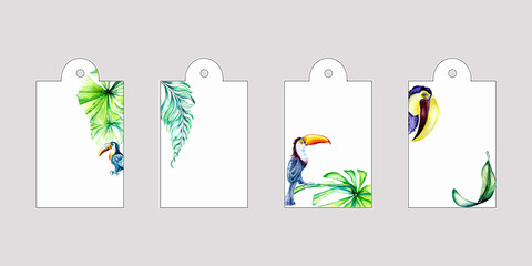 Set of tags with birds and leaves watercolor illustration isolated © Ekaterina Lanbina